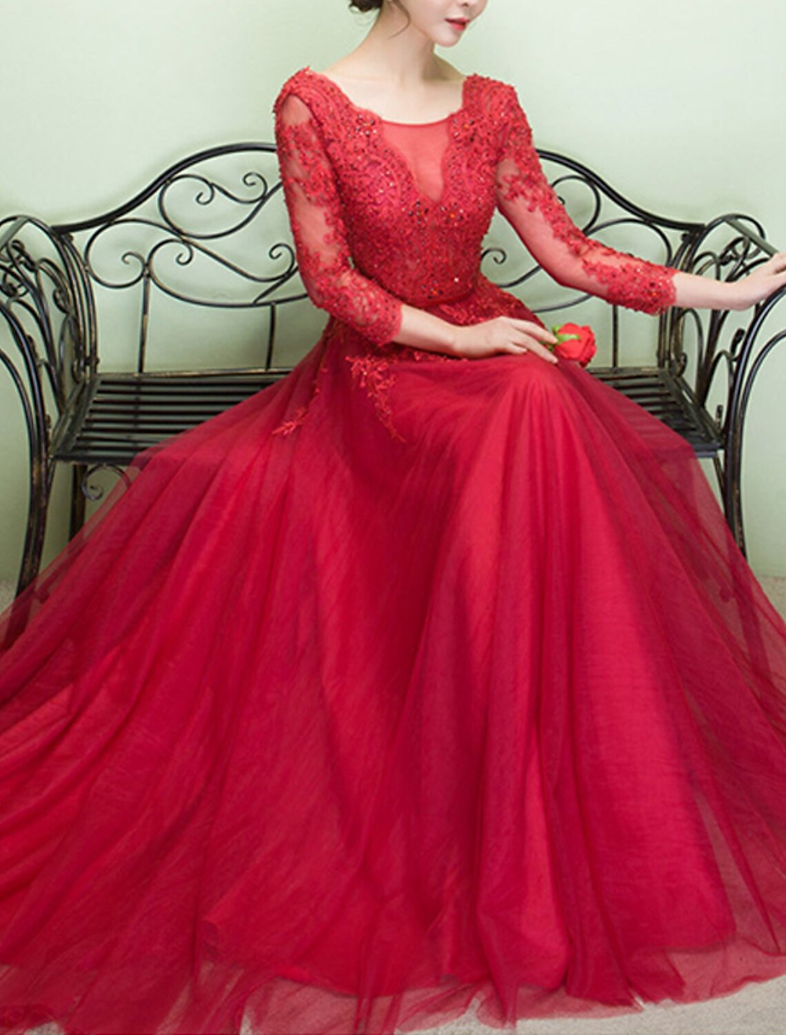 Vestido de noche de corte A, vestido de fiesta, vestido de lujo, para invitada de boda, compromiso, cola capilla, media manga, cuello ilusión, tul con apliques de cuentas.